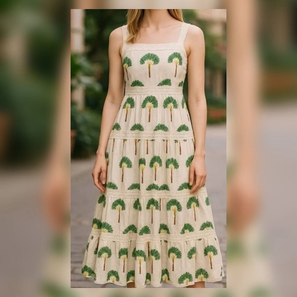 NWT $495 Calypso St Barth M Maxi Dress Tiered Lined Cotton Palm Print